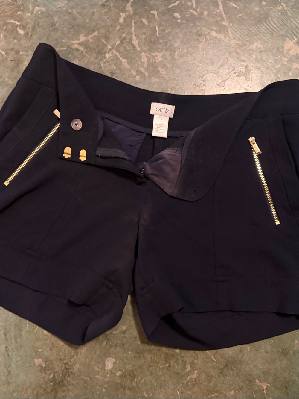 Cache Navy Shorts with Gold Zippers